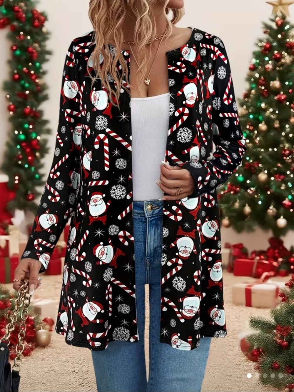 🎅Christmas Women's Open-Front Cardigan ~ Candy Cane & Santa Claus Print